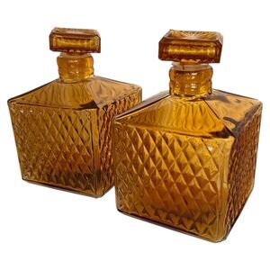 Set of 2 Vintage Amber Glass Diamond‑Pattern Decanters w/ Stoppers Made in Japan